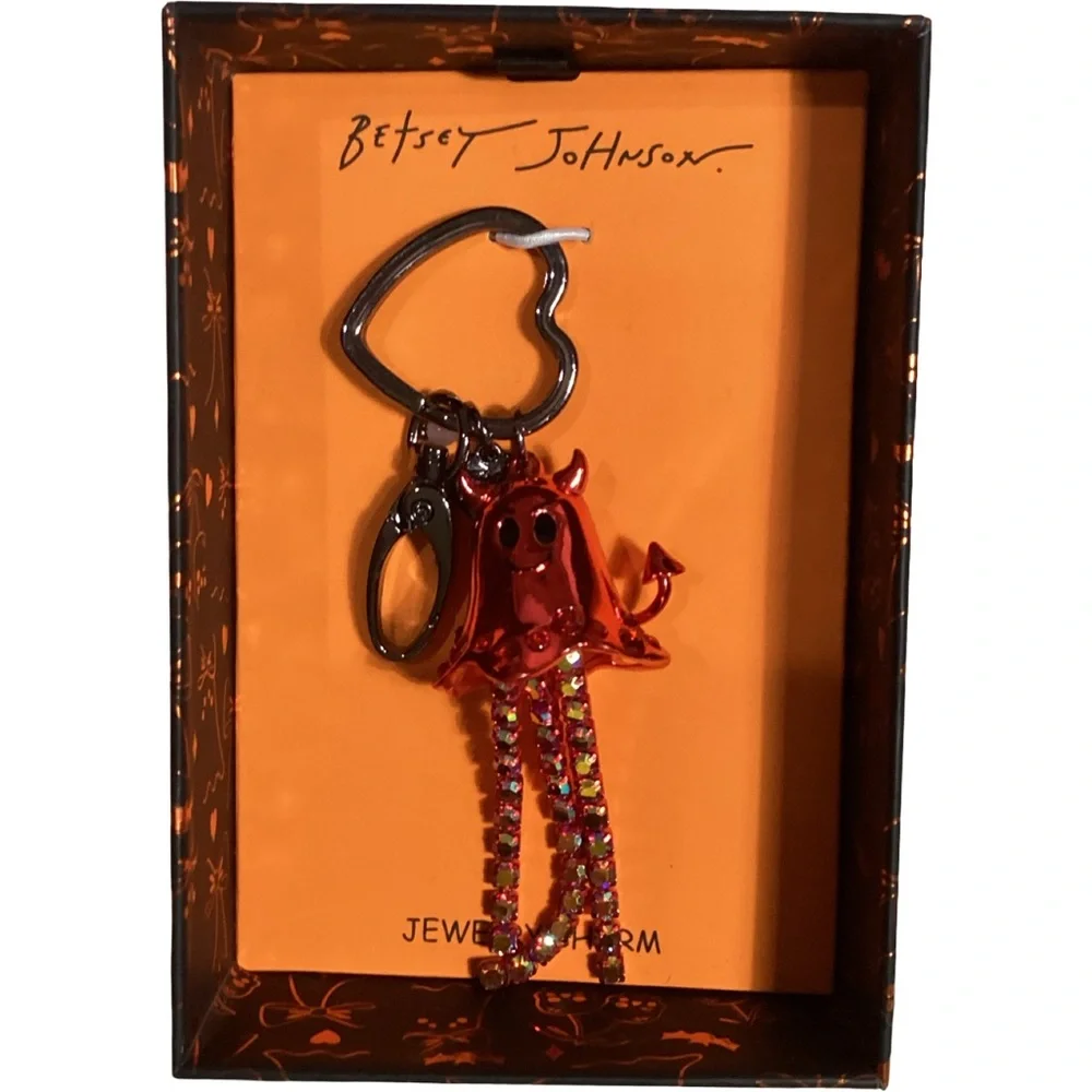 Betsey Johnson Halloween Red Jeweled Devil Ghost Keychain Bag Charm NIB